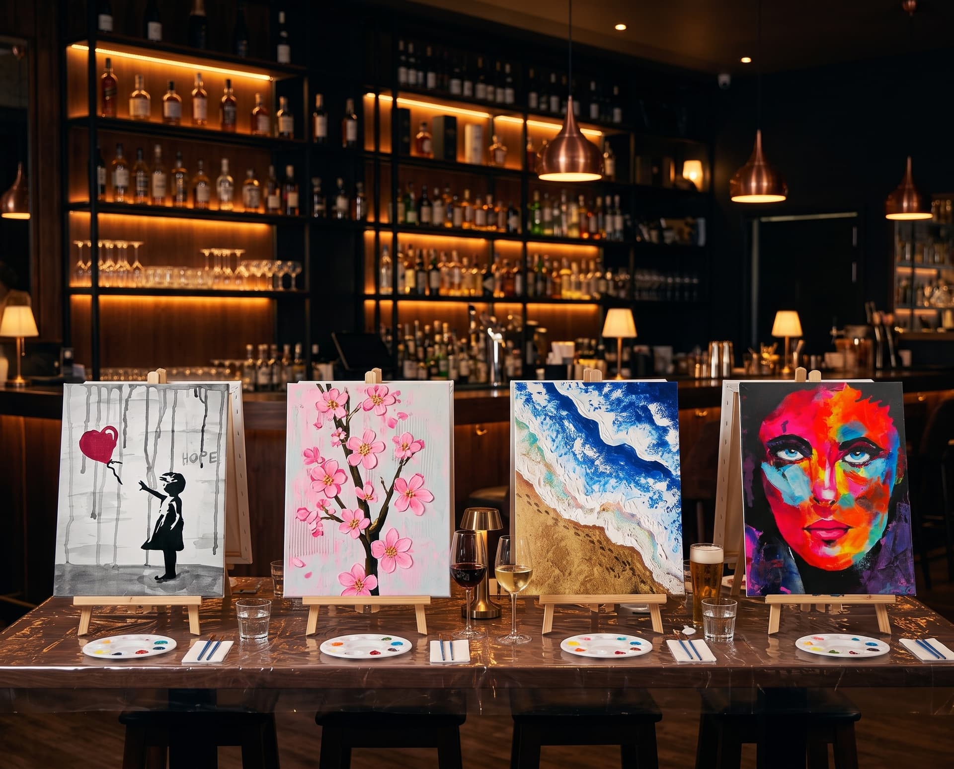 Leinwände auf Staffeleien in einer Bar bei einem heycreate Malevent